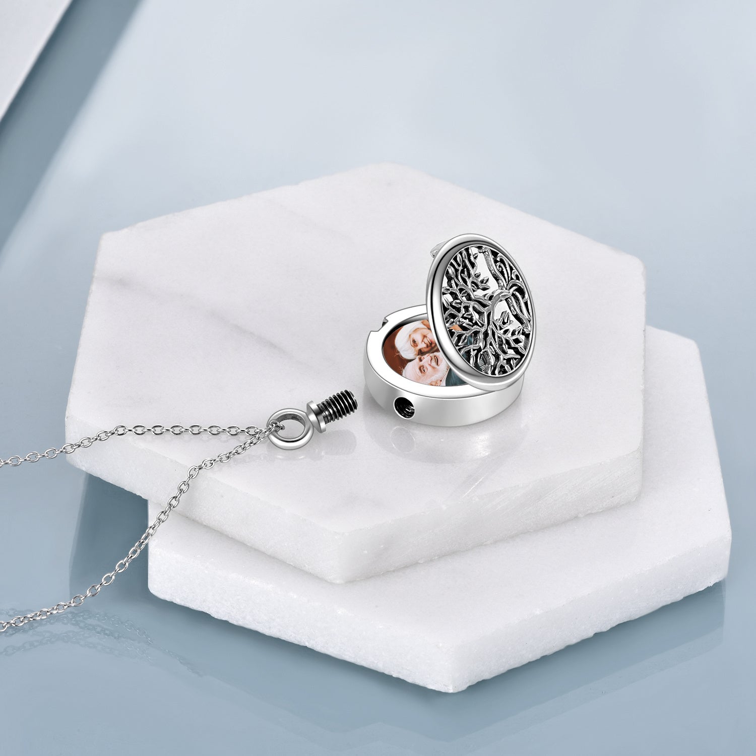 Tree of Life Photo Locket Urn Cremation Necklace Sterling Silver Retro Silver