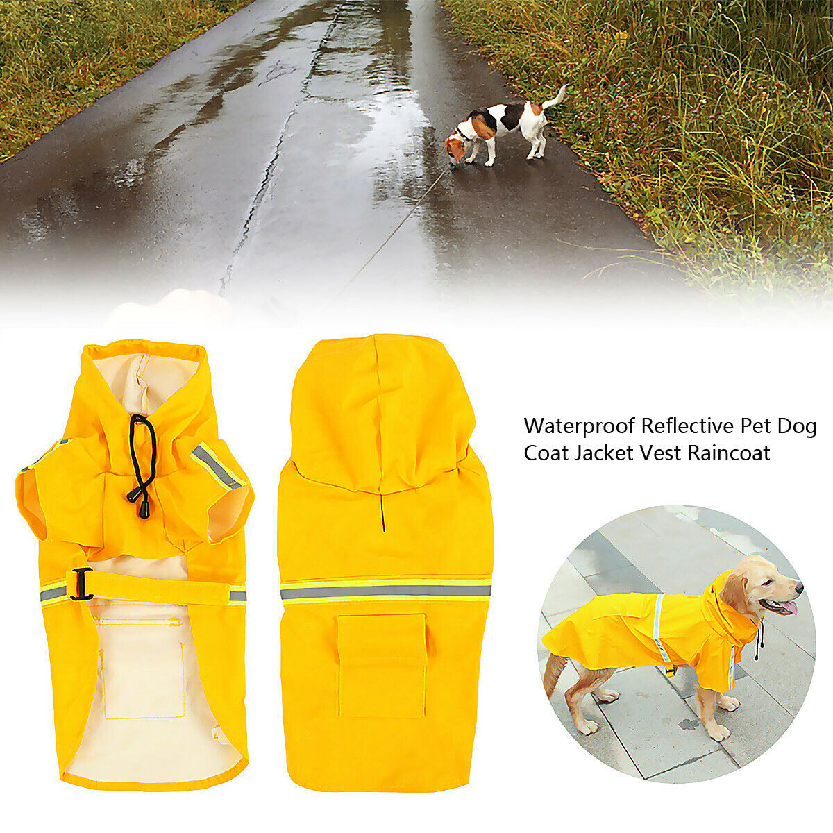 Hunderegenmantel, wasserdichte Hunderegenjacke mit reflektierenden Sicherheitsstreifen, Slicker-Dackel-Hundeponcho mit Kapuze und Leine für Hunde und Welpen