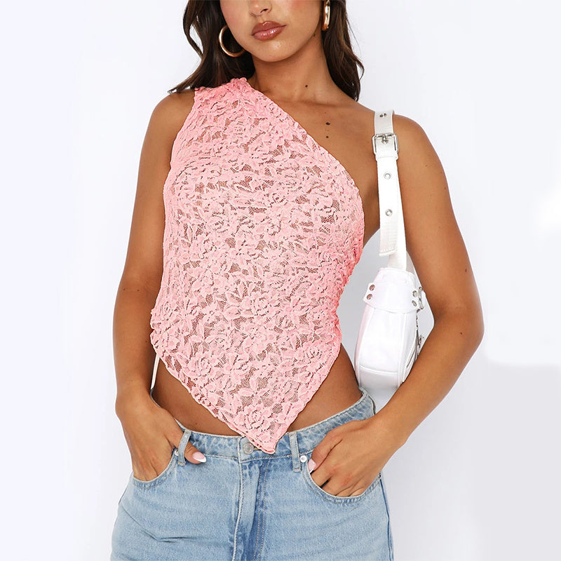 Ins Lace Backless Top Sommer Einfarbig Taillenlose Asymmetrische Weste mit schrägem Hals Streetwear Damen Kleidung