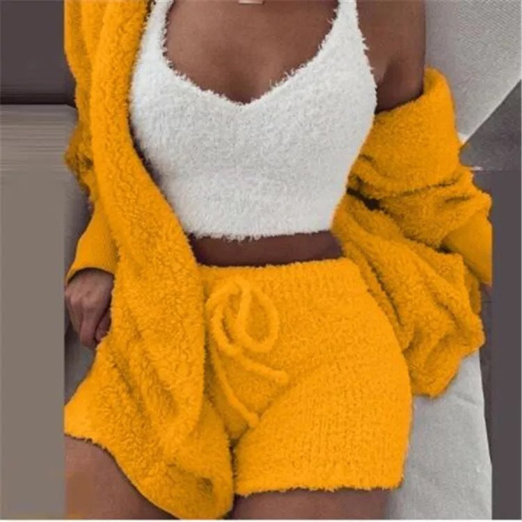 Winter Sexy Frauen Homewear Anzug Casual Pyjamas Set Dame Weibliche Weiche Warme Langarm Freiliegende Nabel Weste Shorts Set