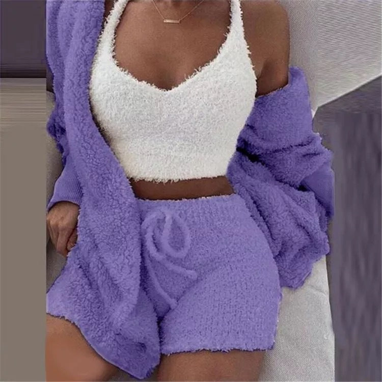 Winter Sexy Frauen Homewear Anzug Casual Pyjamas Set Dame Weibliche Weiche Warme Langarm Freiliegende Nabel Weste Shorts Set