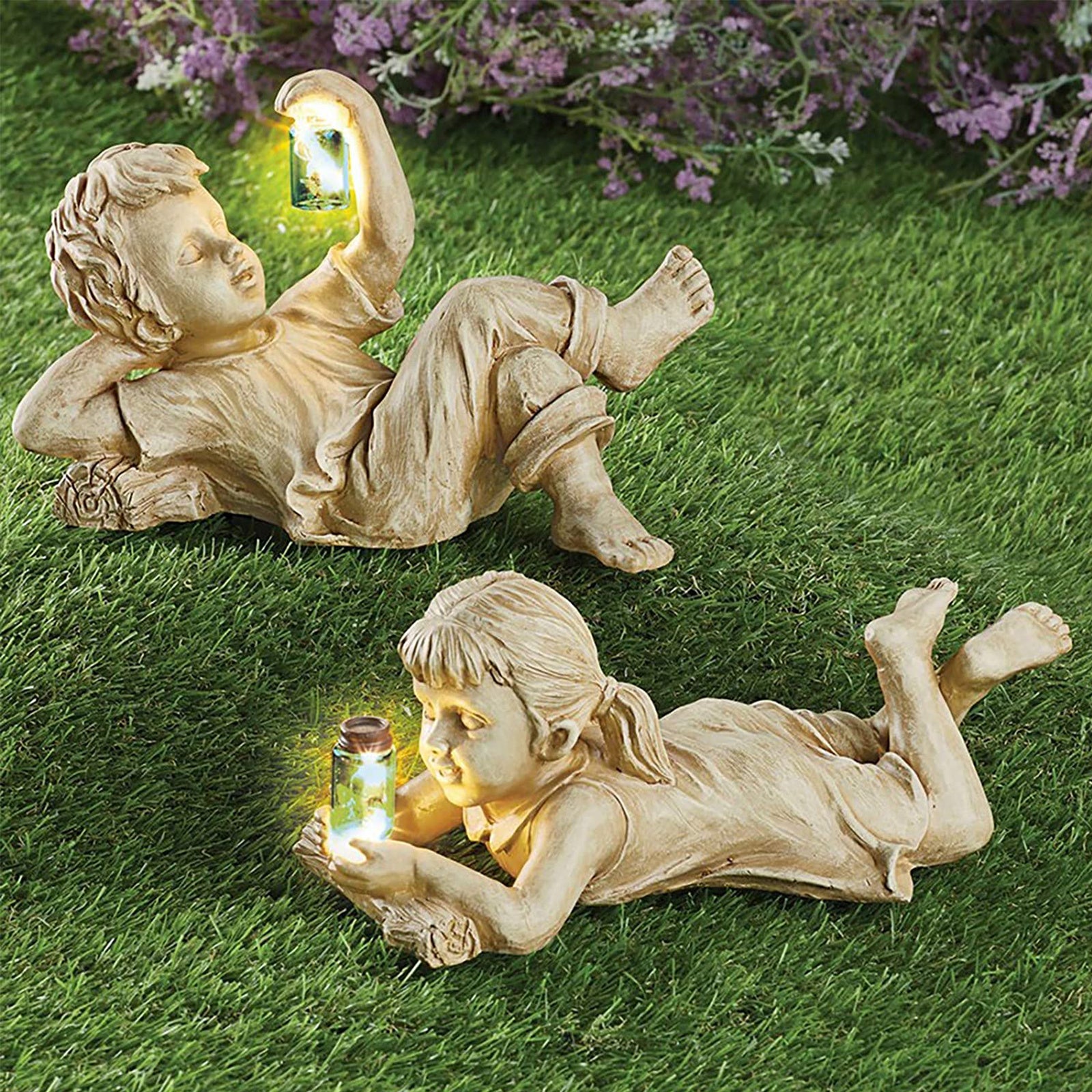 Wohnkultur Harz Handwerk Mit Glühwürmchen Glas Garten Statue Kinder Desktop Zubehör Junge Mädchen Nettes Geschenk Outdoor Solar Beleuchtete Kunst