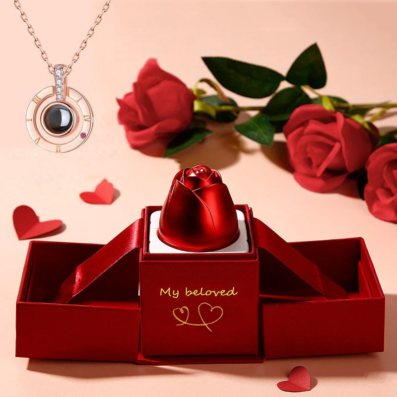 Heiße Valentinstag Geschenke Metall Rose Schmuck Geschenk-Box Halskette für Hochzeit Freundin Halskette Geschenke