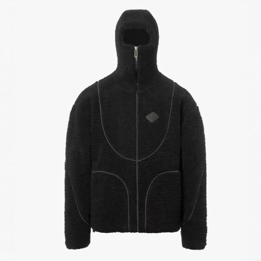 Men's Fashion Lamb Wool Hooded Zipper Coat Sweatshirt Patchwork Line Design Male Tops Casual