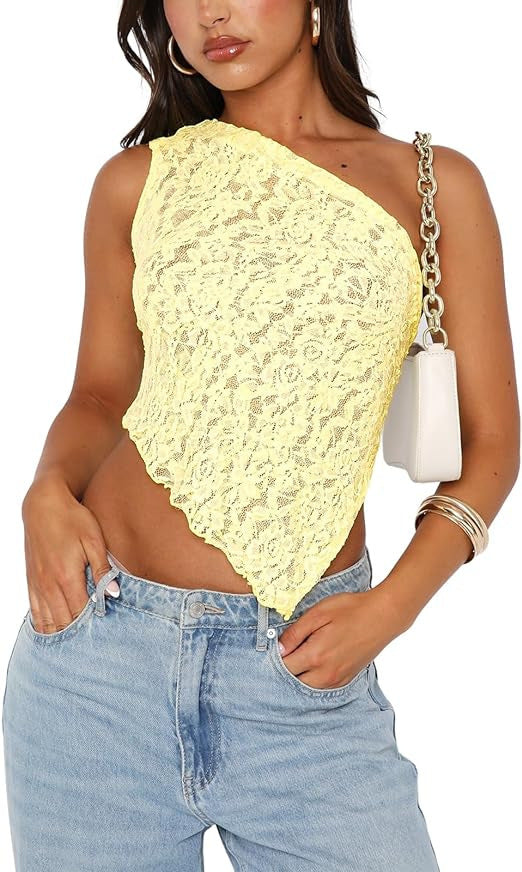 Ins Lace Backless Top Sommer Einfarbig Taillenlose Asymmetrische Weste mit schrägem Hals Streetwear Damen Kleidung