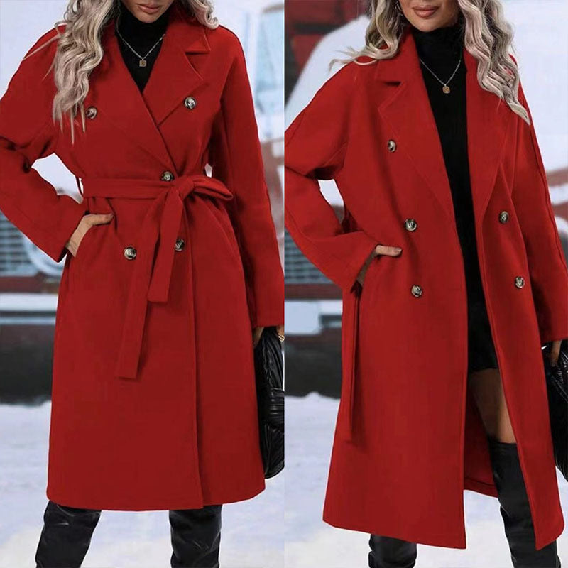 Revers Zweireihiger Trenchcoat Mit Gürtel Wintermode Einfarbig Lange Jacke Outwear Damenbekleidung