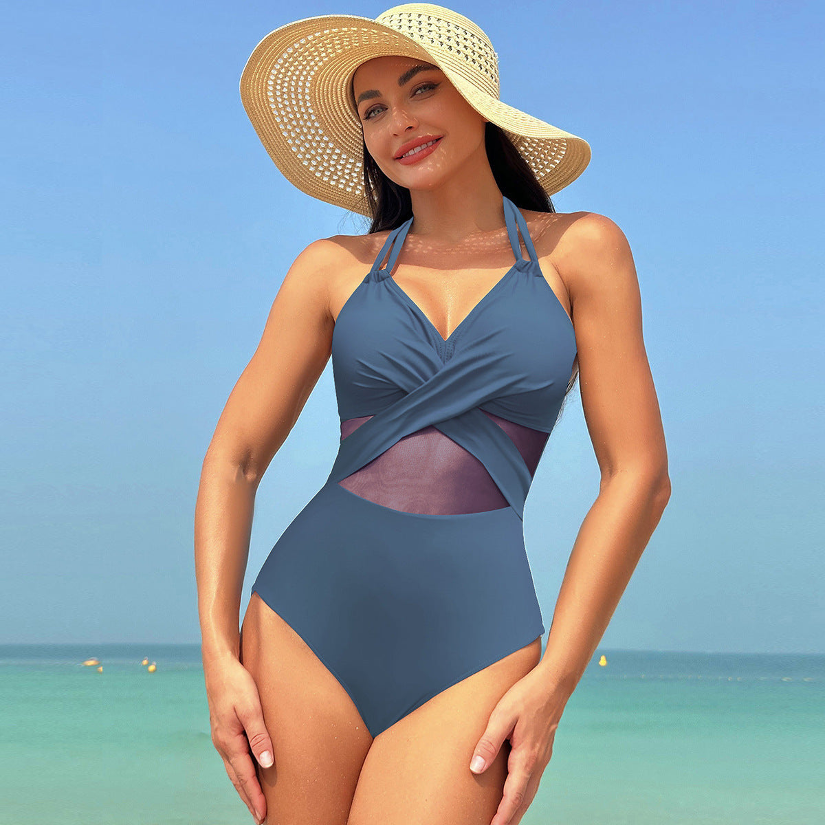 Neckholder-Badeanzug, einteilig, einfarbig, Kreuzriemen-Design, Netz-Bikini, Strandurlaub, Damenbekleidung