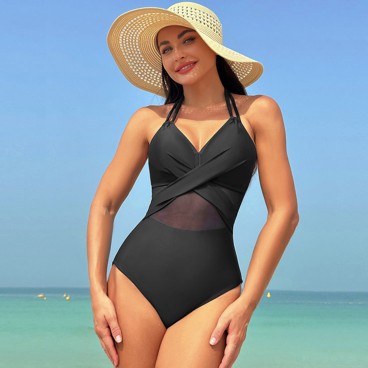 Neckholder-Badeanzug, einteilig, einfarbig, Kreuzriemen-Design, Netz-Bikini, Strandurlaub, Damenbekleidung