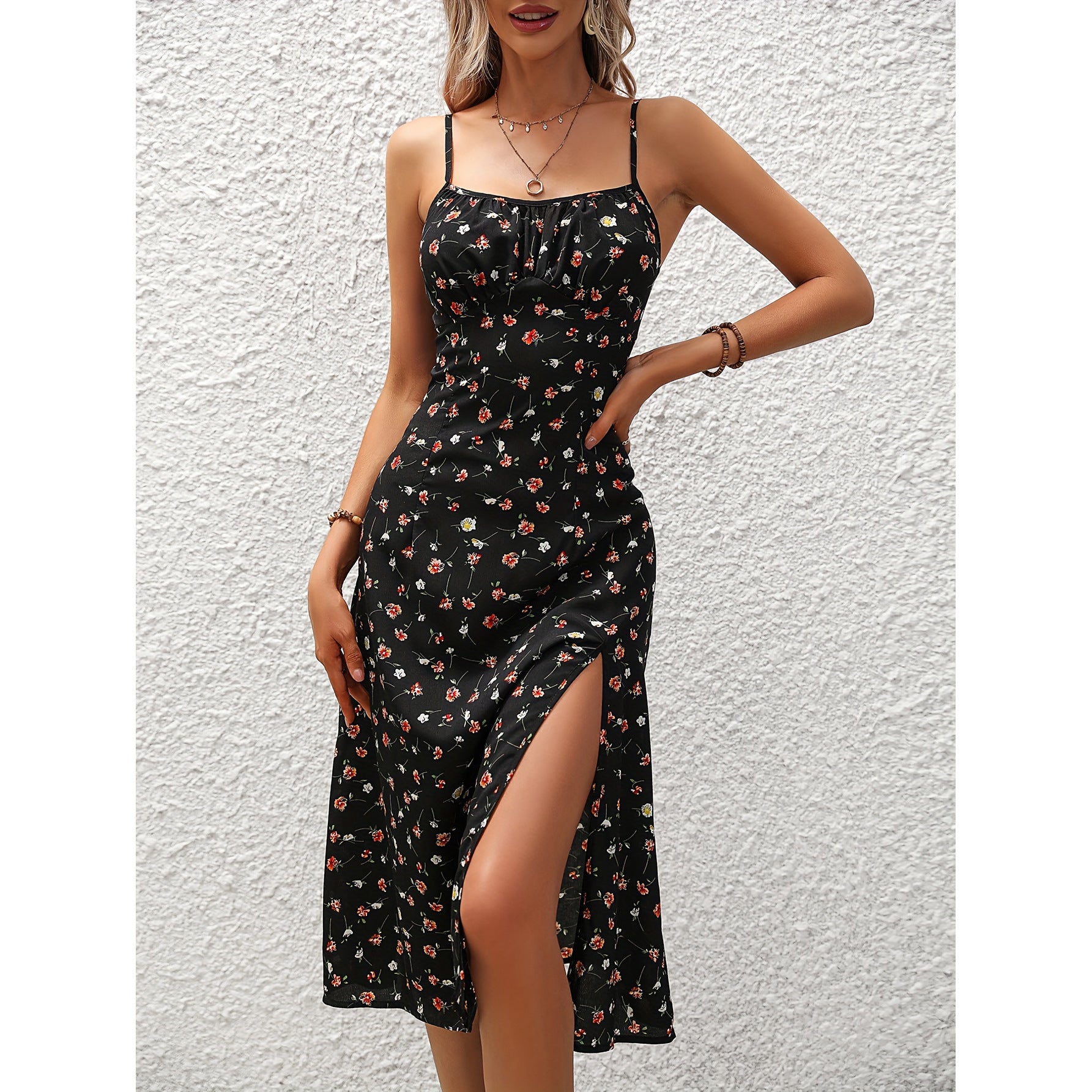 Neu Polka Dot Print Hosenträger Kleid Sommer Sexy Schlitz Lange Kleider Für Frauen