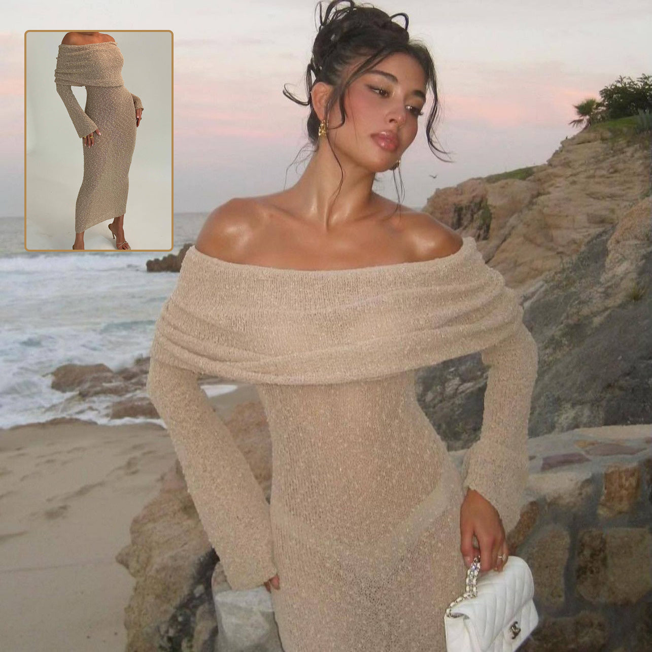 Neues einschulteriges gestricktes langärmeliges Kleid Sexy Strandurlaub Lange Kleider Damenbekleidung