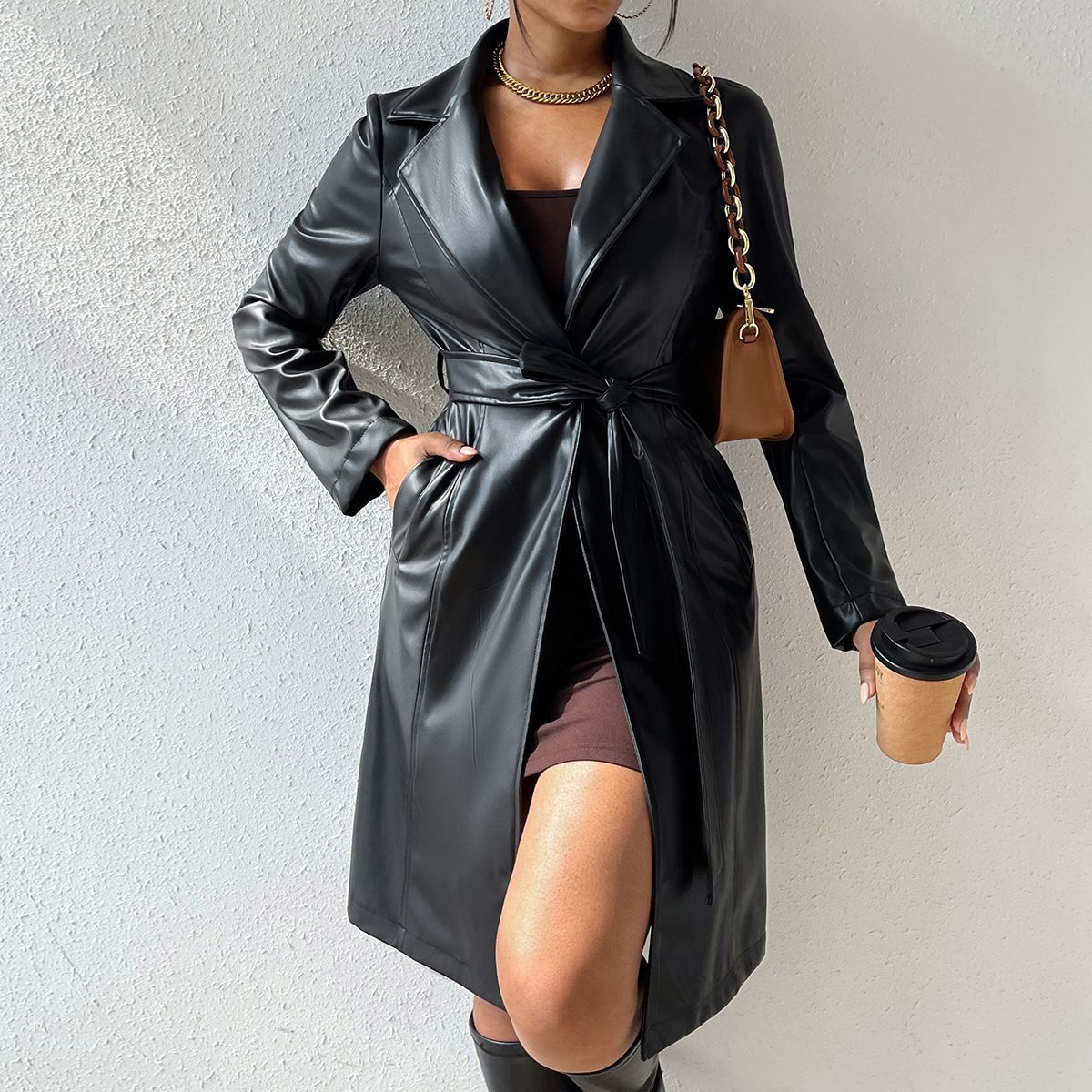 Langärmlige Revers-PU-Lederjacke mit Taschen Slim Fit Langer Trenchcoat Damenbekleidung