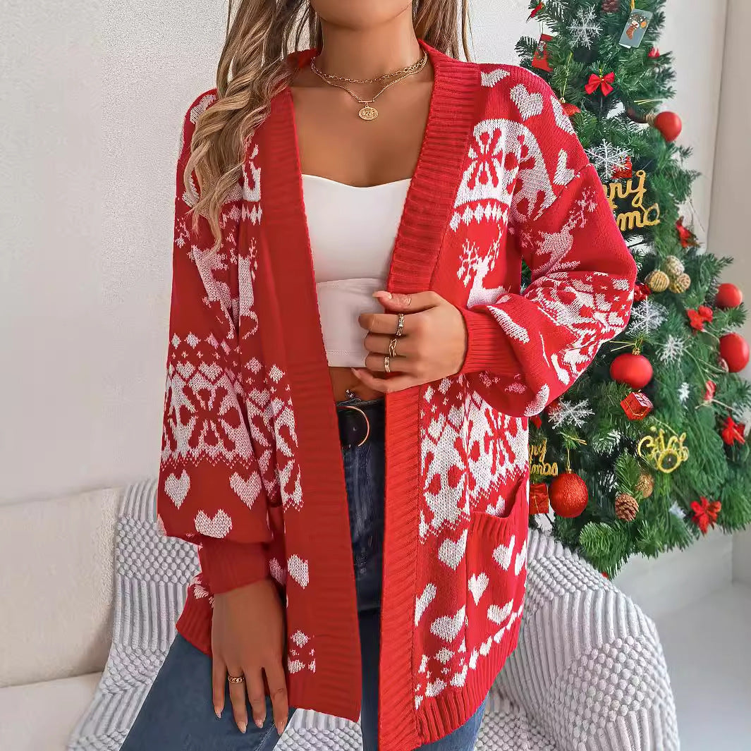 2024 Weihnachtskleidung Damen Strickjacke mit offener Vorderseite, Laternenärmel, Weihnachtsdruck, übergroßer Hirschpullover, Taschen, gestrickt