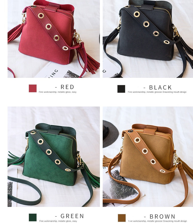 Spring new frosted tassel bucket bag Korean version of the wild shoulder bag female handkerchief retro Messenger