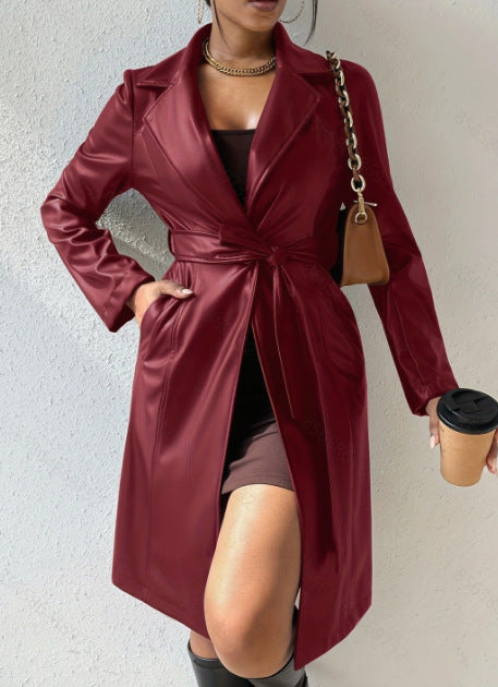 Langärmlige Revers-PU-Lederjacke mit Taschen Slim Fit Langer Trenchcoat Damenbekleidung