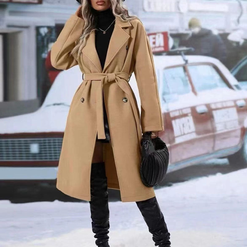 Revers Zweireihiger Trenchcoat Mit Gürtel Wintermode Einfarbig Lange Jacke Outwear Damenbekleidung