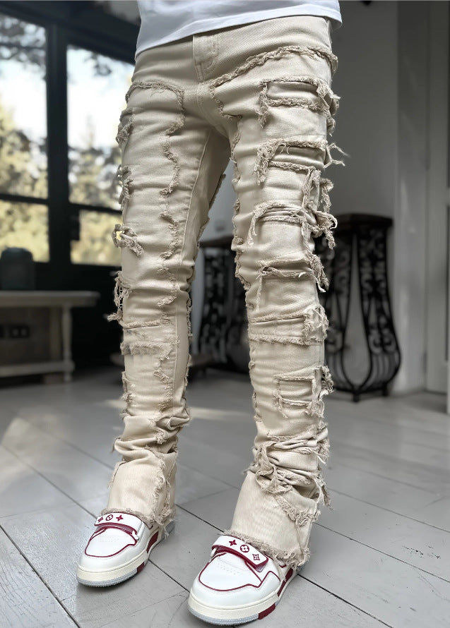 Herrenhose mit individuellen Patches, lange, eng anliegende, gestapelte Jeans für Herrenbekleidung