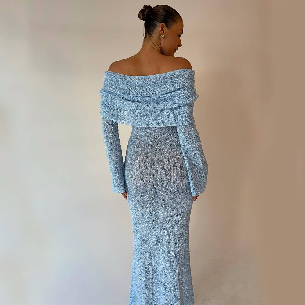 Neues einschulteriges gestricktes langärmeliges Kleid Sexy Strandurlaub Lange Kleider Damenbekleidung