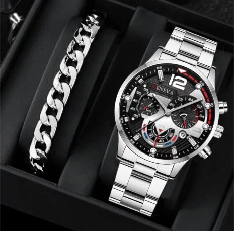 2pcs Men's New Popular Steel Strip Fashion Business Three Eye Quartz Watch Bracelet Set Valentine's Day Gifts