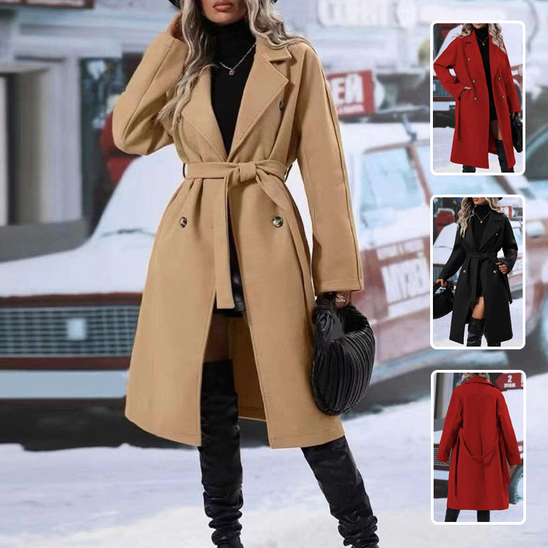 Revers Zweireihiger Trenchcoat Mit Gürtel Wintermode Einfarbig Lange Jacke Outwear Damenbekleidung