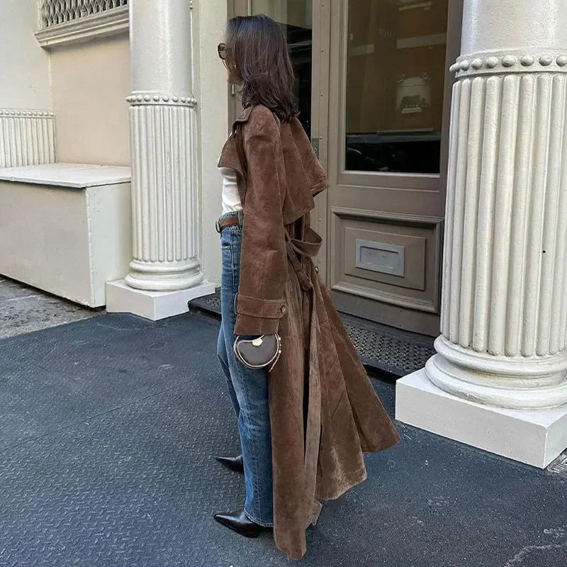 Double Breasted Lapel Shift Coat With Belt Fashion Vintage Suede Long Coat Winter Outwear Women's Clothing